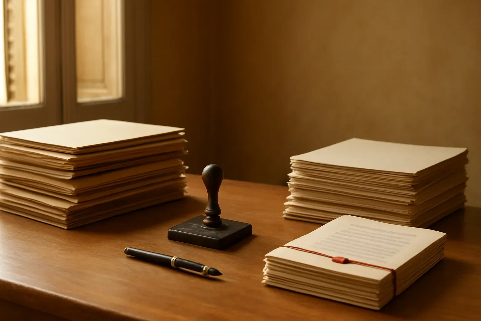 A real translation office desk with stacked document folders, a stamp and ink pad, and bound certified translations, lit by warm daylight through a shuttered window.