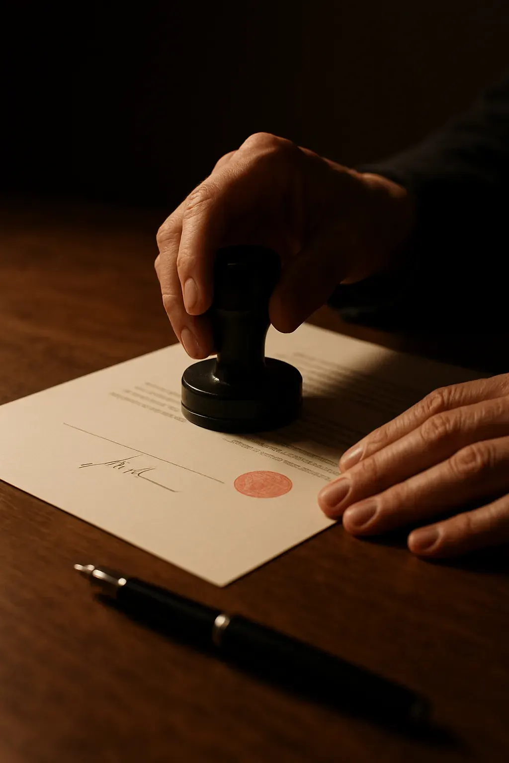 Close-up of a hand pressing an official stamp onto a signed translation document on a wooden desk, in warm afternoon light.