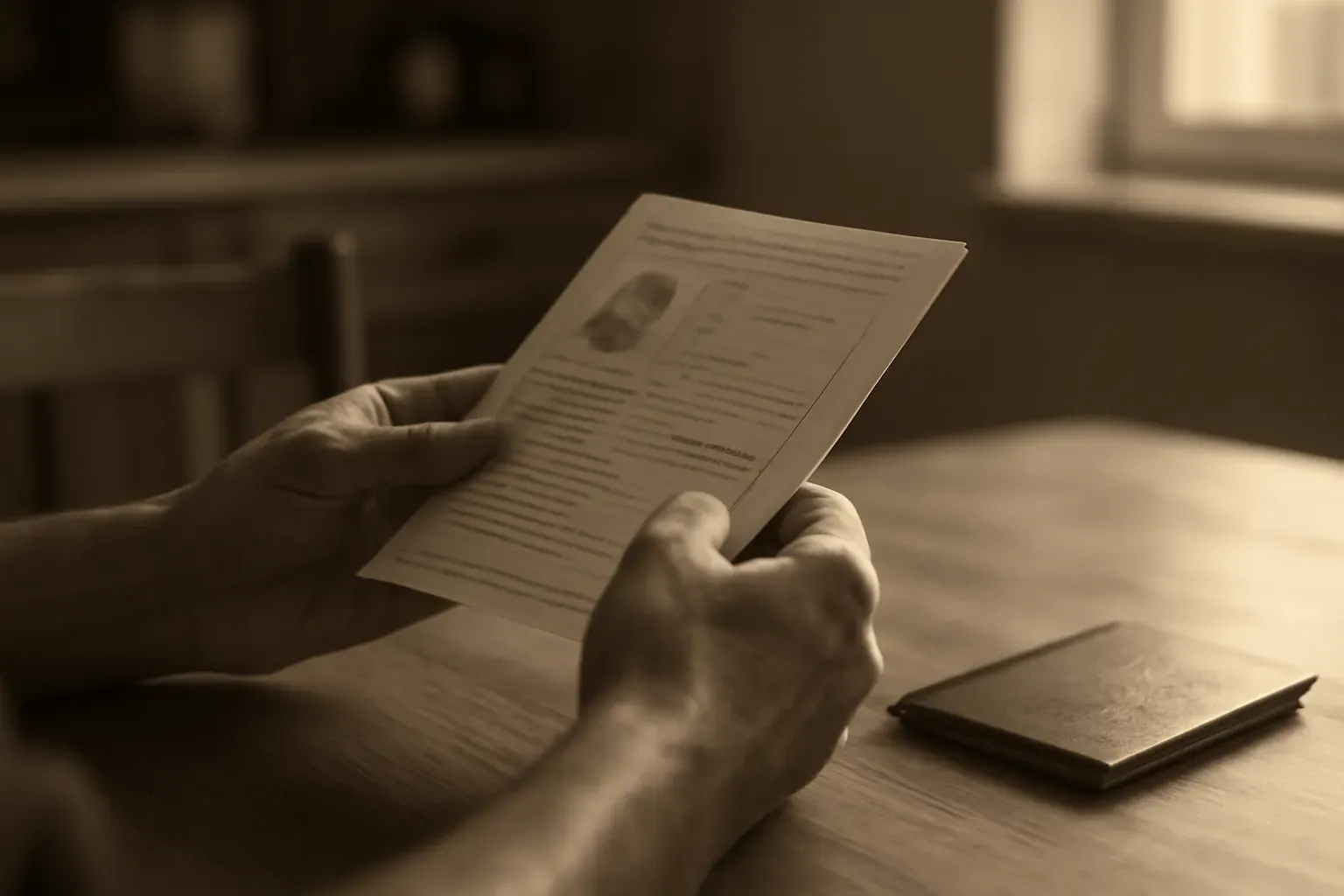 Hands holding a personal official document at a home table, representing the private-document translation journey.