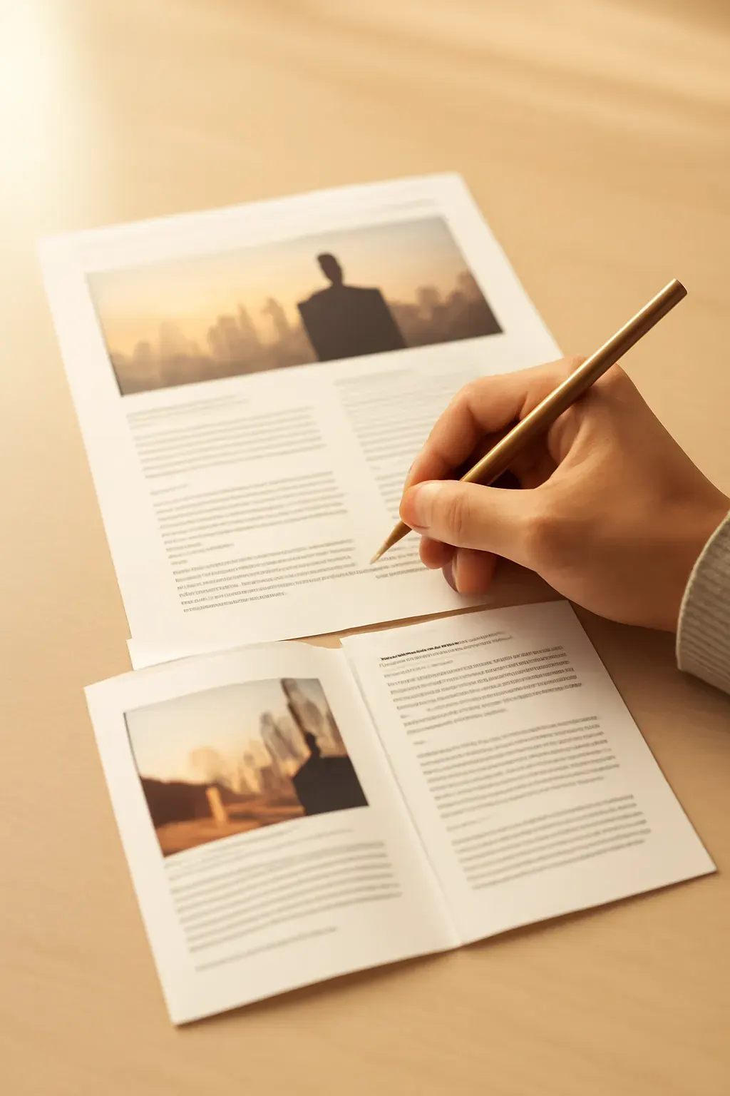 Printed bilingual website page proofs being marked up on a bright desk, representing business and website localisation.