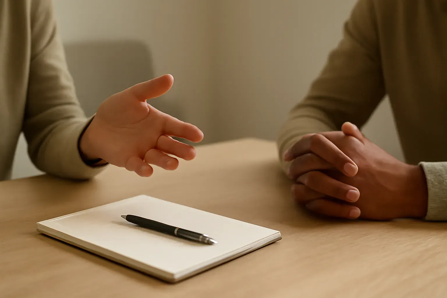 Two people in conversation across a meeting table with an open notepad, representing on-site interpreting.