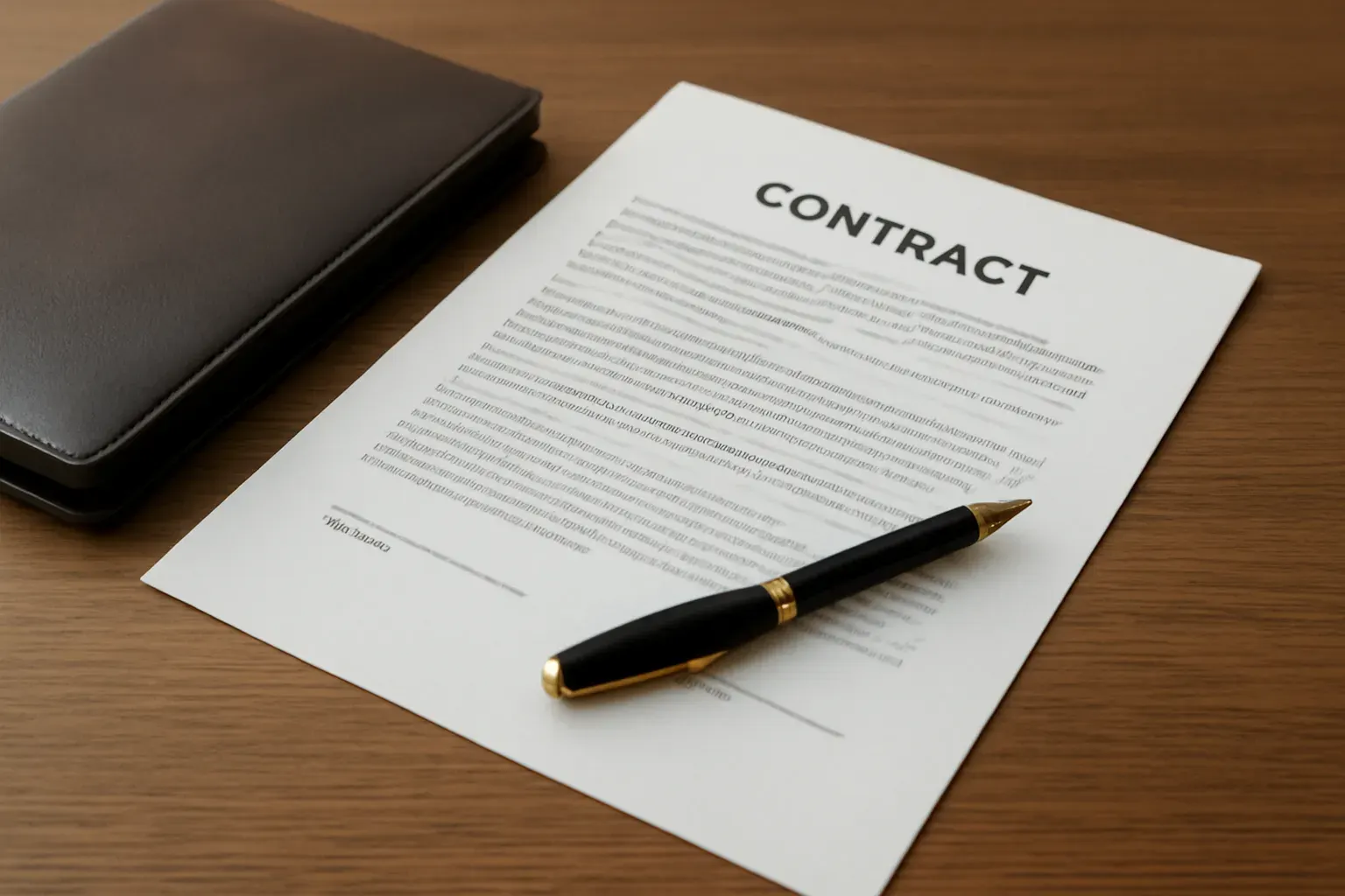 A printed legal contract and closed document folder on a desk, representing precise legal translation work.