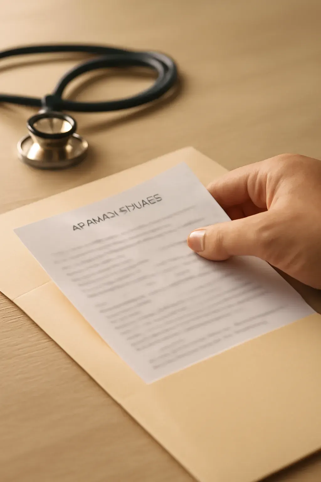 A hand carefully placing a patient record page into a folder on a desk, with a stethoscope softly out of focus, representing discreet medical translation.