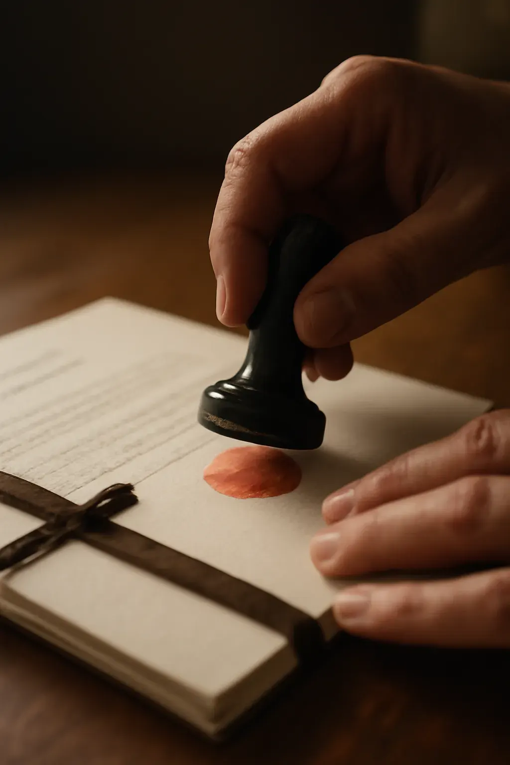 A sworn translator's hand pressing an official stamp onto a certified, ribbon-bound translation.