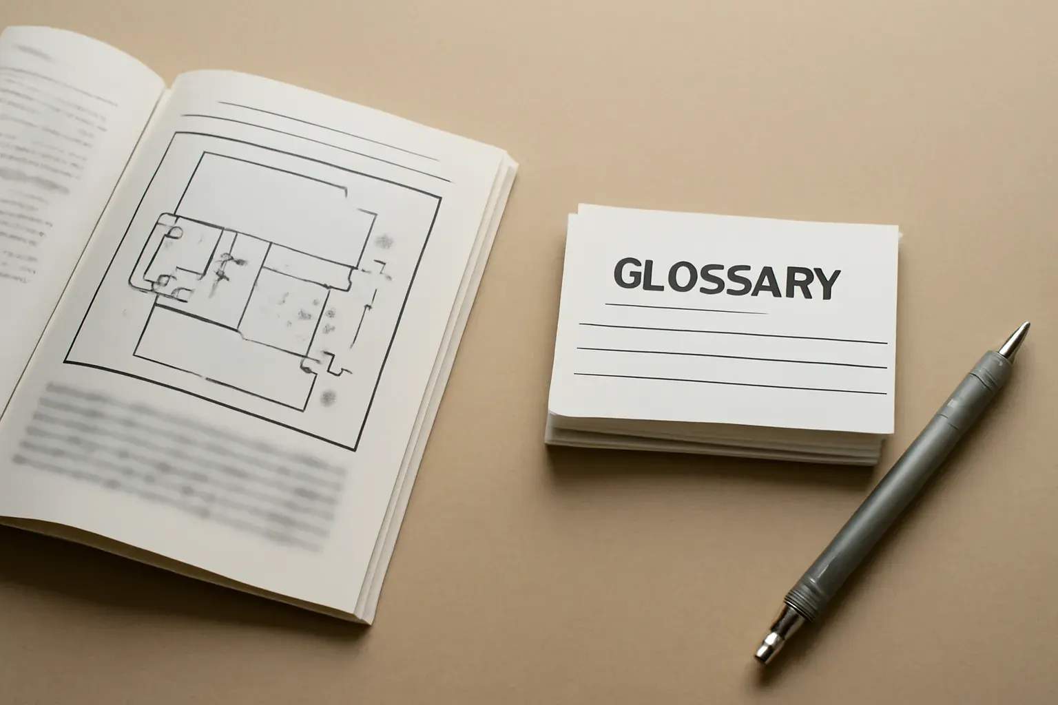 An open technical manual with diagrams beside a stack of glossary reference cards on a desk, representing systematic technical translation.