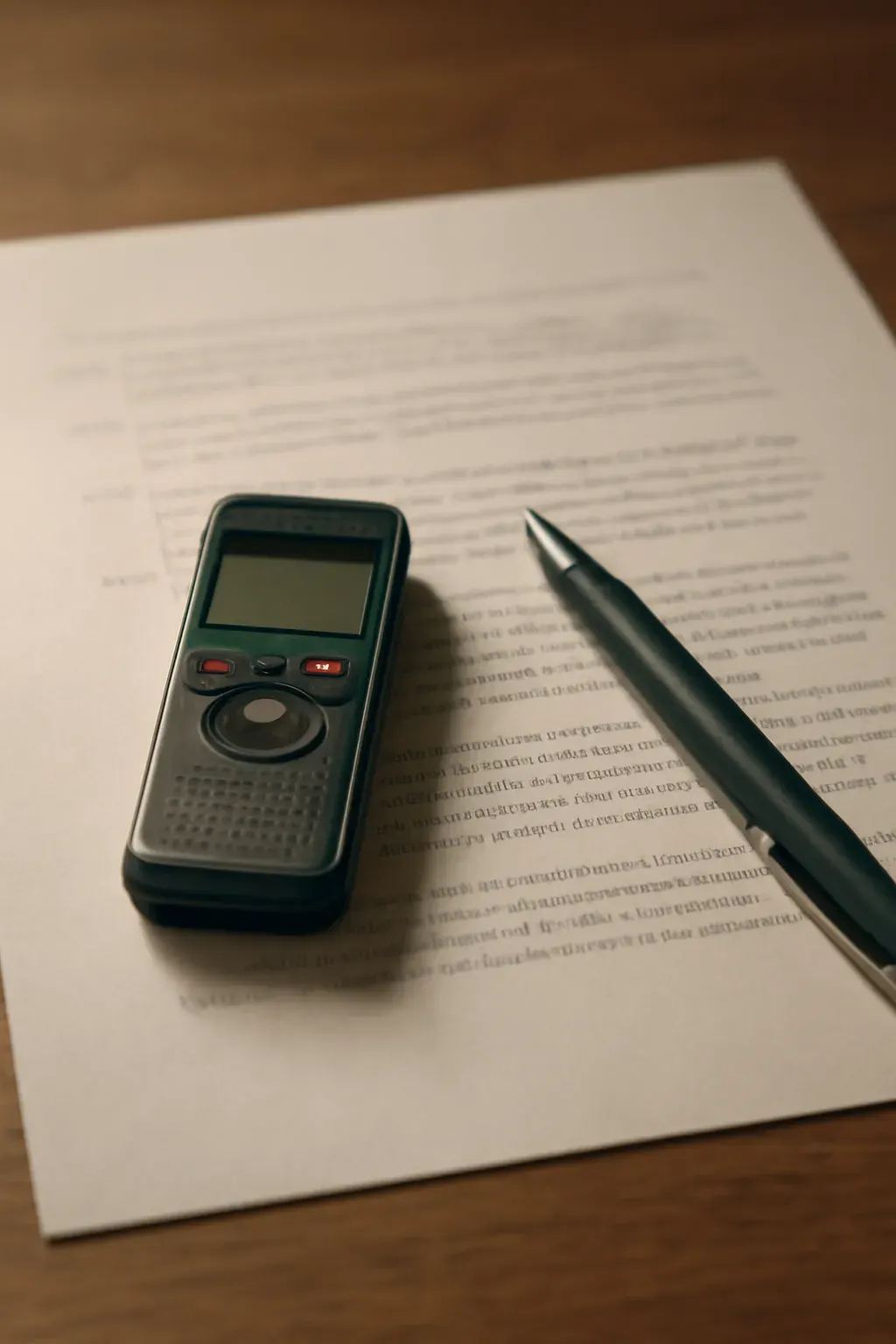 A small audio recorder resting on a printed transcript page with timecodes down the margin, representing transcription and subtitling.